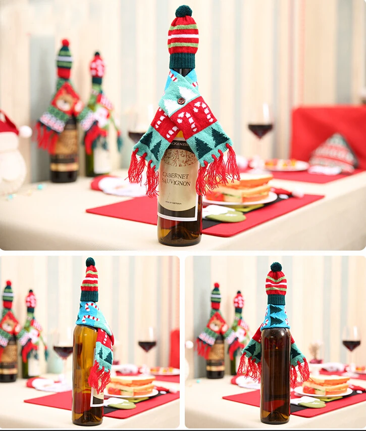 Рождество милый узор красное вино бутылка вязанные шарф и шапка крышка для Декор для обеденного стола мешочек украшение орнамент
