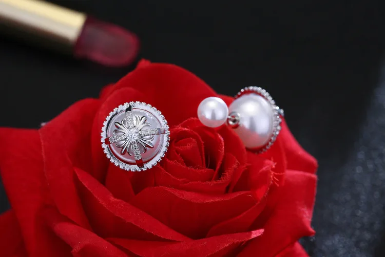 Европа Мода 925 стерлингового серебра цветок Двойные серьги-гвоздики двухсторонние жемчужные серьги гвоздики для женщин ювелирные изделия