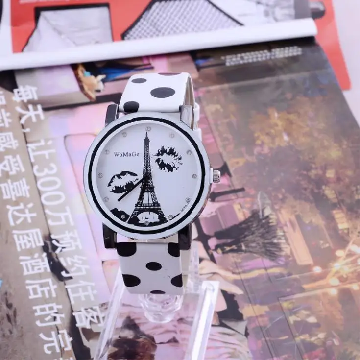 

Ladies Cow Leather Rhinestone Hours Marks Romance Eiffel Tower And Lips Pattern Dot Black White Red Fashion Watches