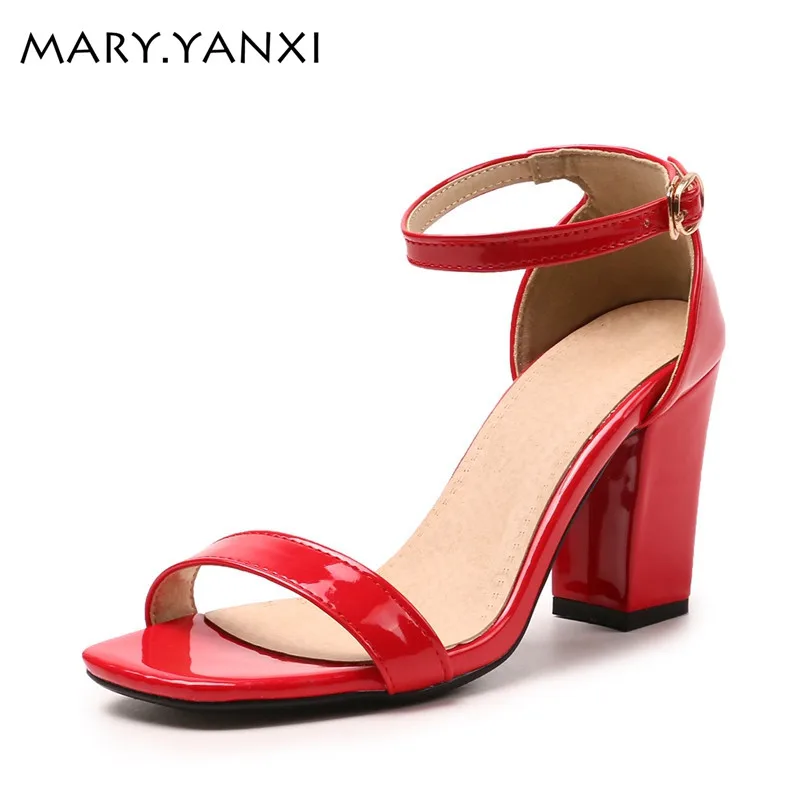 

Mary.Yanxi New Fashion Patent Leather High Heels Women Shoes Summer Suqare Toe Heels Ankle Strap Sandals Candy Color Big Size 47