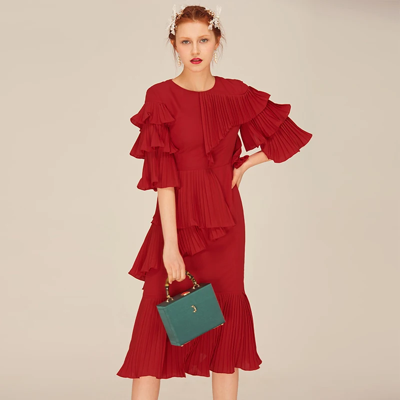 YIGELILA-Brand-62436-Latest-New-Casual-Red-Ruffle-Dress-Women-Fashion-O-neck-Flare-Sleeve-Chiffon
