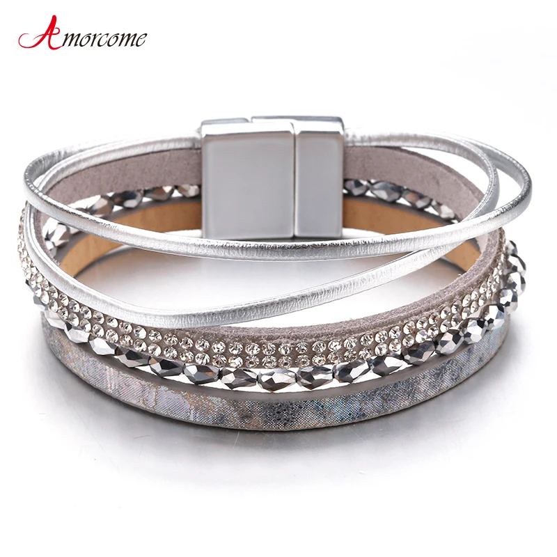 Amorcome многослойные кожаные браслеты для женщин, 6 цветов, женские бусинки в стиле бохо, Тонкая Веревка, широкий браслет, ювелирный женский браслет
