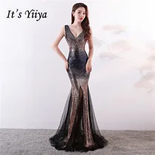 Вечерние платья V-образным вырезом на молнии назад It's Yiiya, выпускного платья без рукавов труба блестками длиной до пола, длинные платья Русалка партии C131, лето