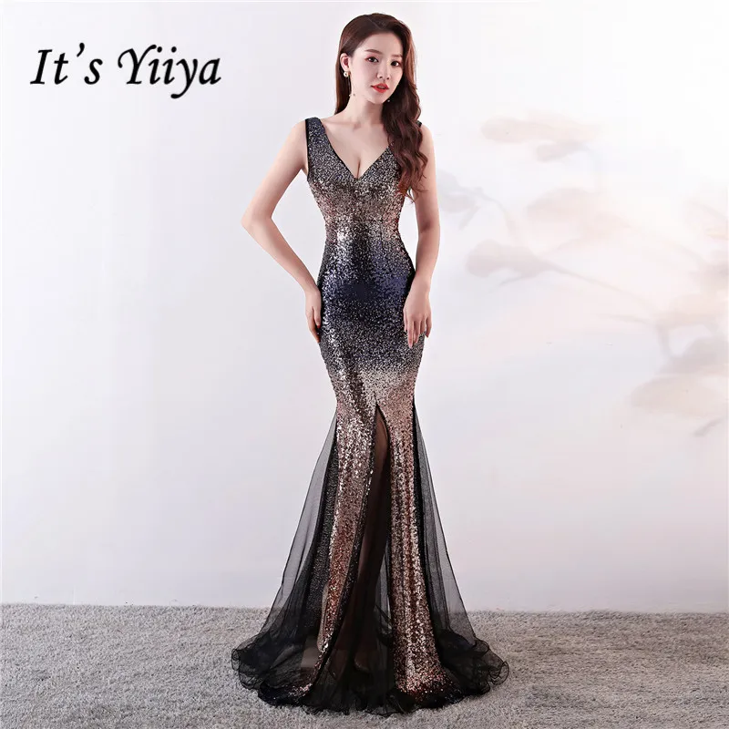 

It's Yiiya evening dresses V-neck zipper back sleeveless Trumpet Prom dress Sequnied floor-length long Mermaid Party gowns C131