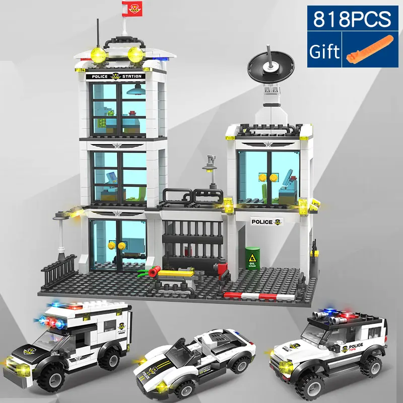 Günstige 858 stücke City Polizei Serie Lkw Bricks Set Fahrzeug Polizei Staction Bausteine Kompatibel Mit LegoED Spielzeug Für Kinder