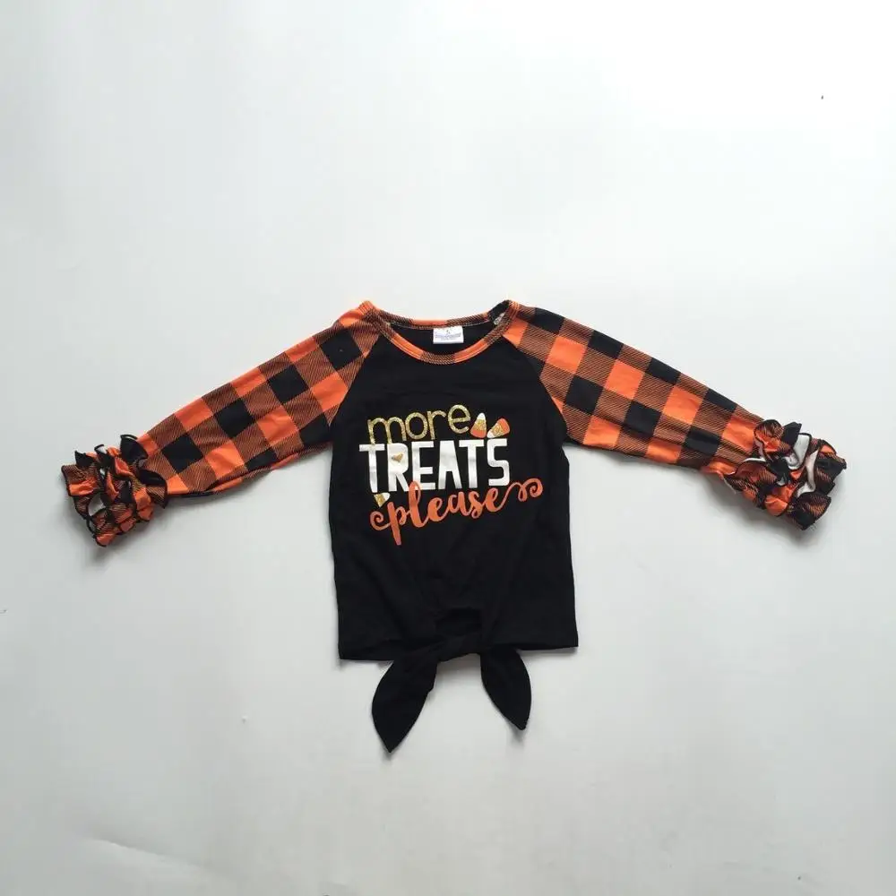 

children girls Halloween raglans Girls MORE TREAT raglans with orange and black plaid ruffled sleeve girls boutique cotton top