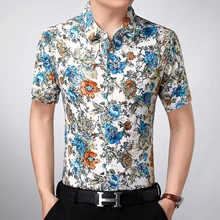 Высококачественная Мужская летняя рубашка с коротким рукавом, модные мужские рубашки с цветочным принтом, облегающие рубашки