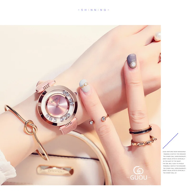 Модные женские Часы GUOU, женские Роскошные наручные часы с браслетом, женское Винтажное кольцо из розового золота и стали, женские часы reloj mujer saat - Цвет: Leather Pink