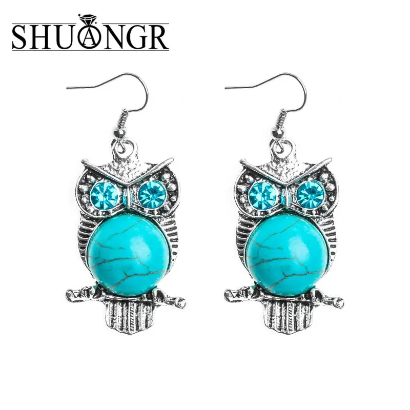 

SHUANGR 1pair Jewelry Ethnic Vintage Tibetan Silver Natural Stone Brilliant Owl Womens Dangle Earrings
