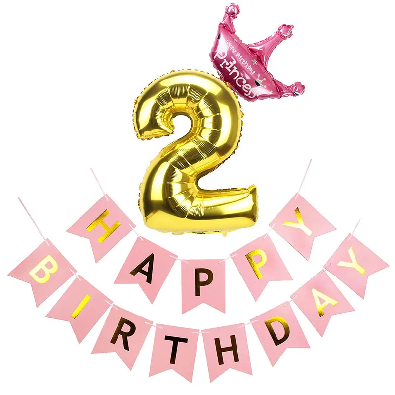Heronsbill, 2 года, наборы шариков, 2 дня рождения, украшения для вечеринки, для мальчиков, девочек, I Am Two, бумажный баннер, принадлежности, гирлянда - Цвет: gold Balloons pink
