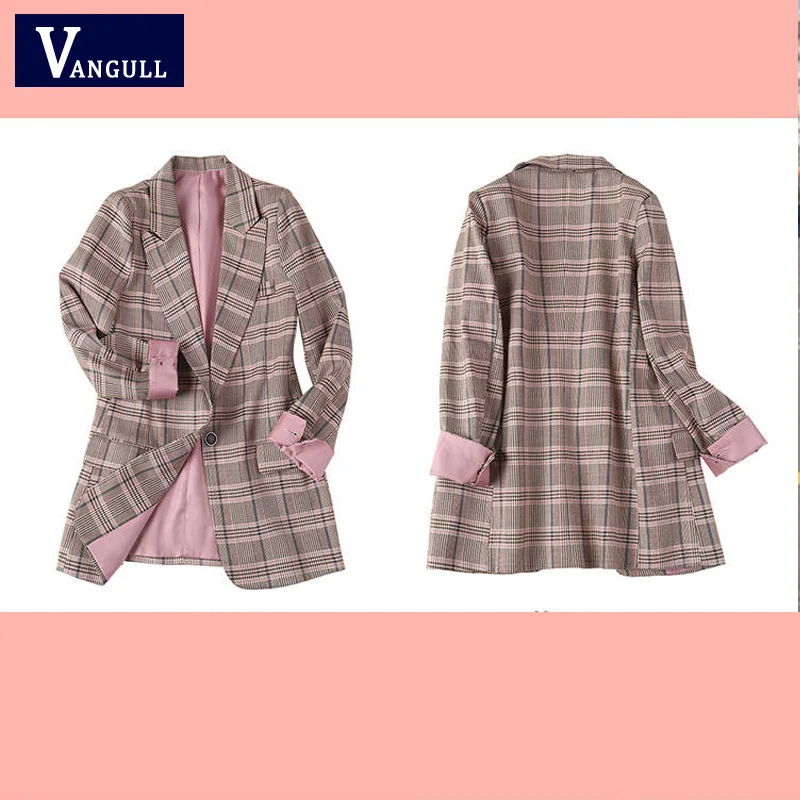 Vangull женский клетчатый блейзер с длинным рукавом, тонкое клетчатое пальто, бренд, деловой костюм для офиса, женская верхняя одежда, весенне-осенняя куртка