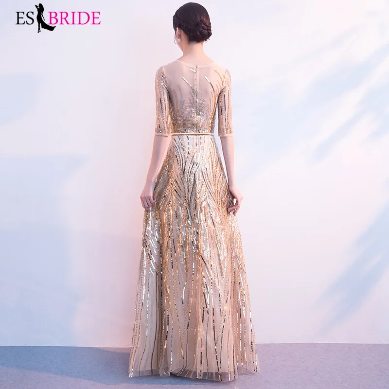 Luxury Evening Dresses Long Fashion Gorgeous Gold Shiny Bead Piece Evening Dress Party Elegant A-line Robe De Soiree ES2611