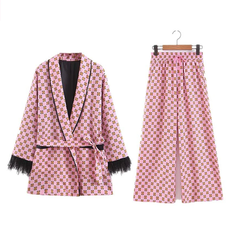 

2019 spring women's new belt printed long-sleeved tassel loose Sets Casual Blazer And Pants Set Formal Two Piece Set