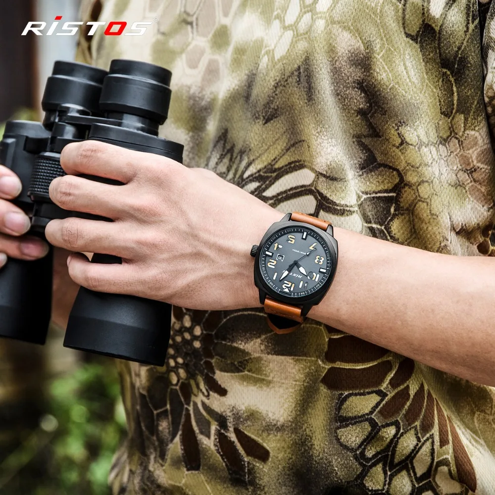 RISTOS Мужские кварцевые аналоговые часы в армейском стиле кожаные Reloj Masculino Hombre