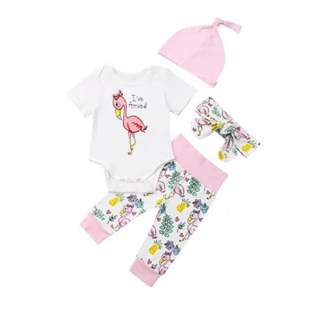 

2019 Newborn Toddler Infant Baby Girl Flamingo Romper Tops Long Pants Headband Hat Kids Baby Girl 4 Piece Set Outfits Clothes