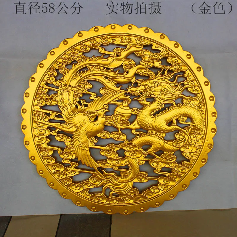 

free shipping!!!58mm Golden Dragon Phoenix mirror pendant mahogany wood carving ornaments Home Furnishing decorative craft gift