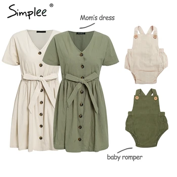 

Vintage button women cotton dress shirt V neck short sleeve linen short summer dresses Casual baby romper family outfits