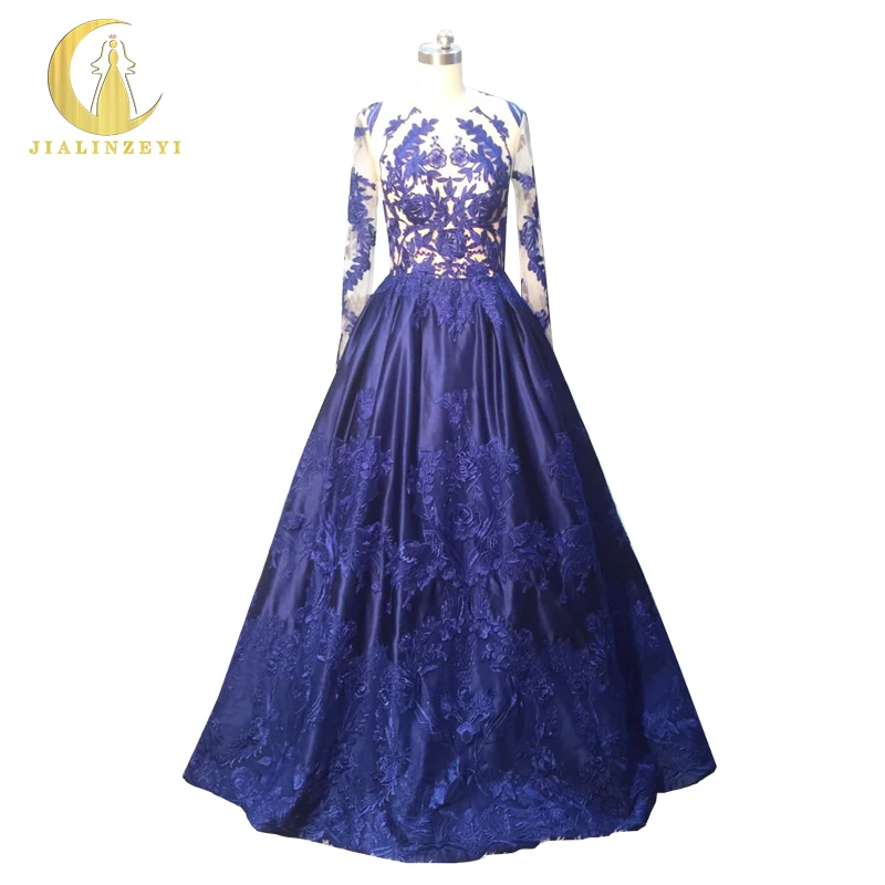 Us 499 99 Rhine Real Sample Image Zuhair Murad Dark Blue Long Sleeves Lace Y See Through With Satin Formal Party Evening Dress In Dresses