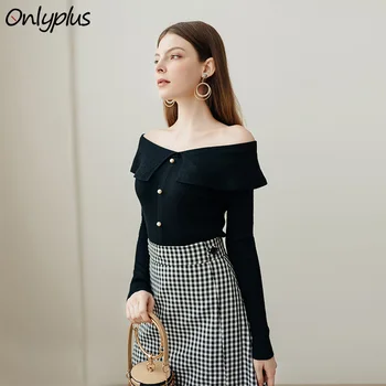 

Onlyplus Off Shoulder Sexy Knitted Pullover Female Winter Autumn Women Sweater Elastic Button Fashion Jumper Pull Knit Shirt