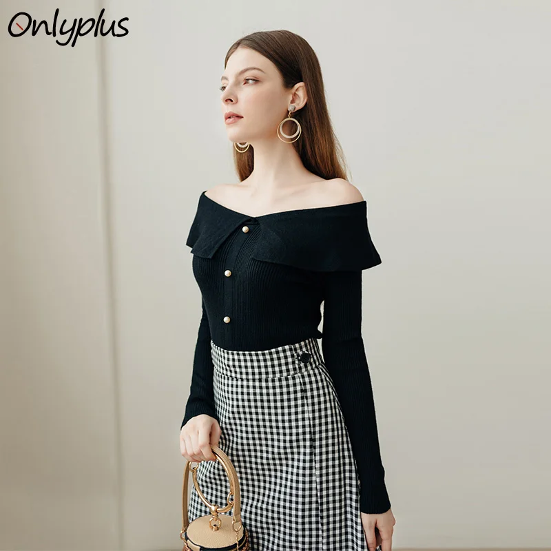 Onlyplus Off Shoulder Sexy Knitted Pullover Female Winter Autumn Women Sweater Elastic Button Fashion Jumper Pull Knit Shirt