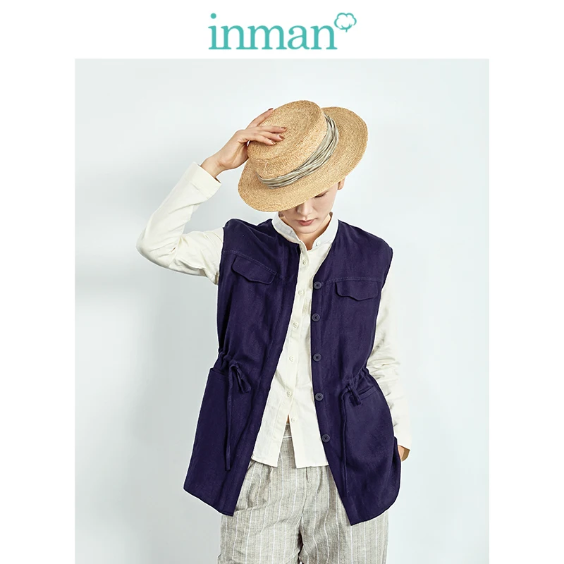 INMAN 2019 осень Новое поступление Чистый из смеси льна подчеркивающий талию тонкий