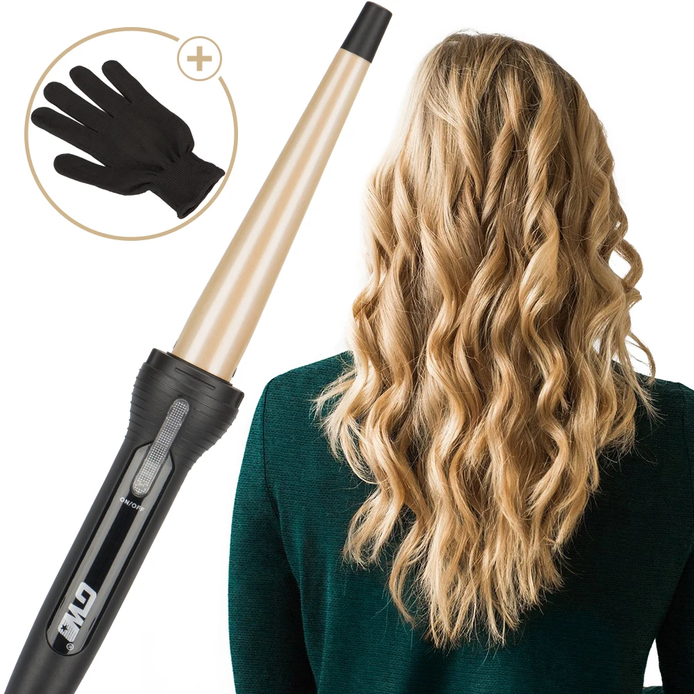 New Cone Golden Ceramic Coated Plate Professional Tapered Curling Iron Electric Hair Curler Magic Curling Wand 