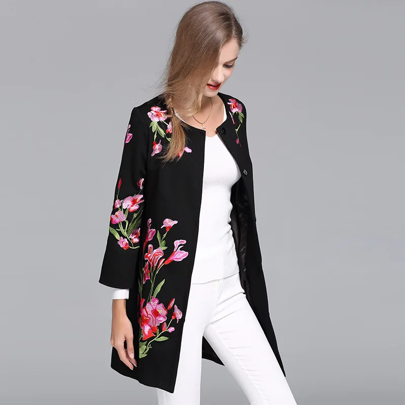Goedkoop Vintage koninklijke borduren herfst basic jas jas vrouw Tops elegante slanke dame plus size zwarte bloemen casual jas vrouwelijke S 6XL