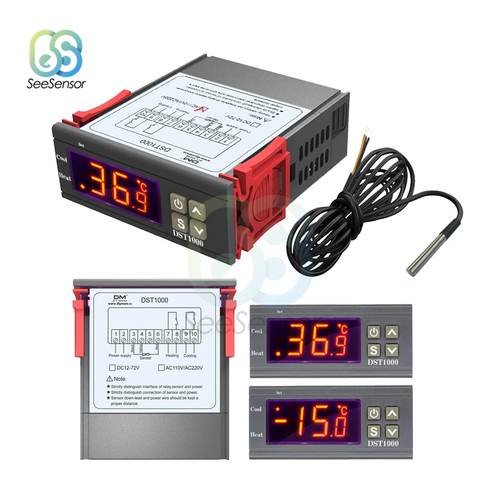 

DST1000 AC 110V 220V DC 12-72V Digital Temperature Control Controller Thermostat DS18B20 Sensor Waterproof Replace STC-1000