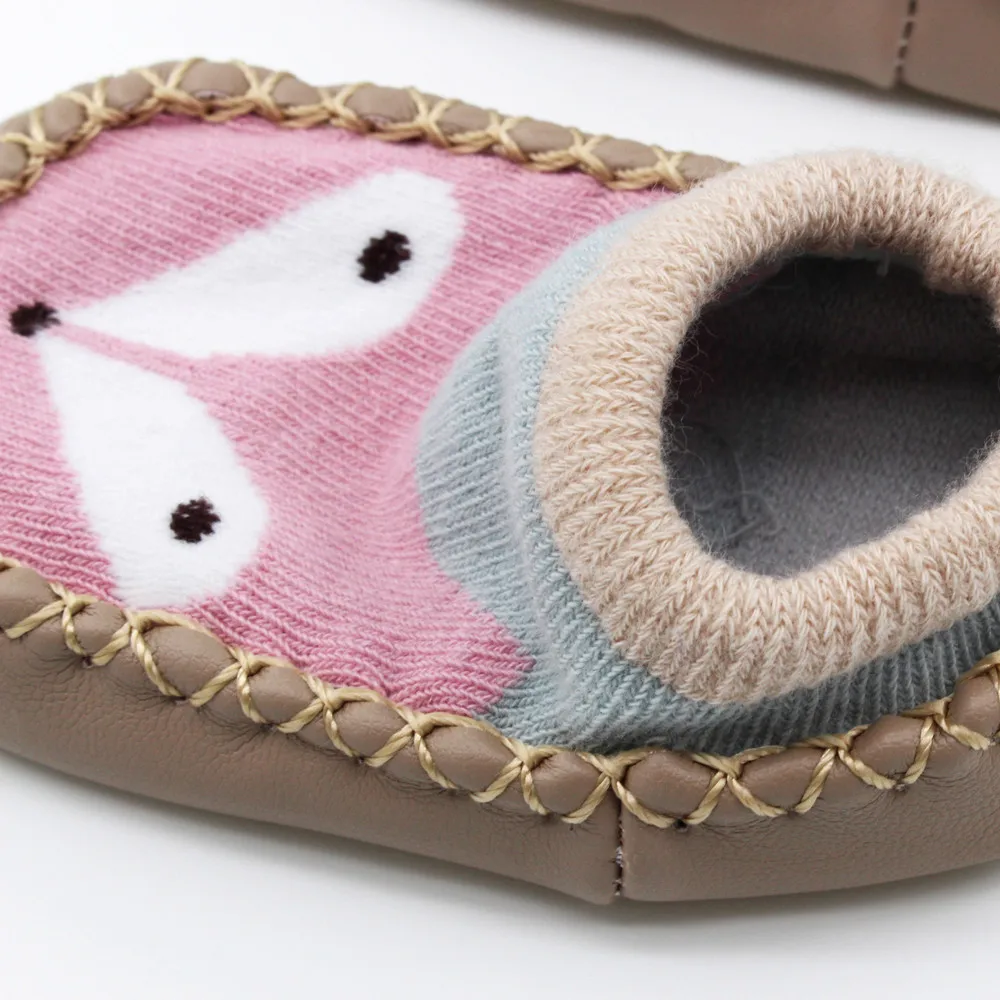 Носки для новорожденных; обувь с милым принтом Совы; зимние мягкие нескользящие носки для мальчиков и девочек; Тапочки