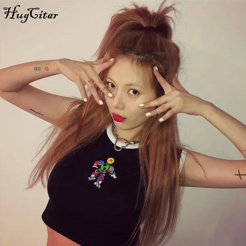 

Hugcitar sleeveless O-neck print carop tops 2019 summer women fashion sexy streetwear party casual female T-shirts