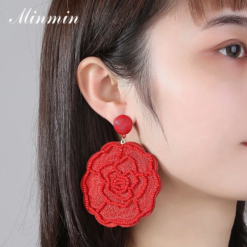 

Minmin Spring Design Big Flower Drop Dangle Earrings for Women Statement Handmade Weave Floral Earrings Fashion Jewelry MEH1337