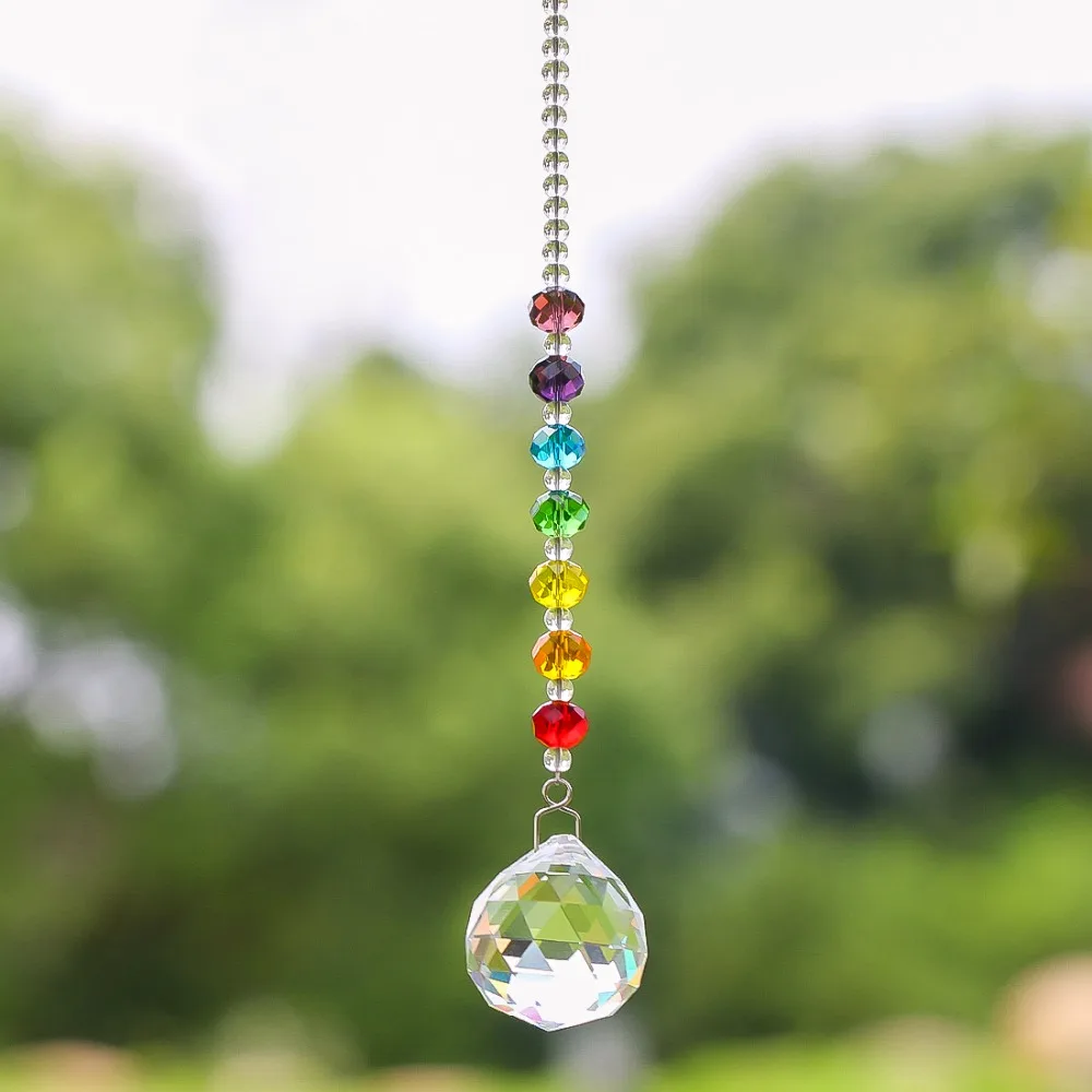 HDCRYSTALGIFTS Bola de prisma de cristal arcoíris de 30 mm con diseño de cuentas de chakra Rondelle paquete de 2 