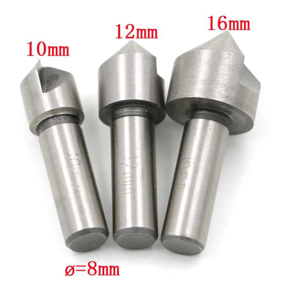 3PCS High speed Steel 90 Degree Single Edge Chamfering Countersink Set 10/12/16mm Cutter 8mm