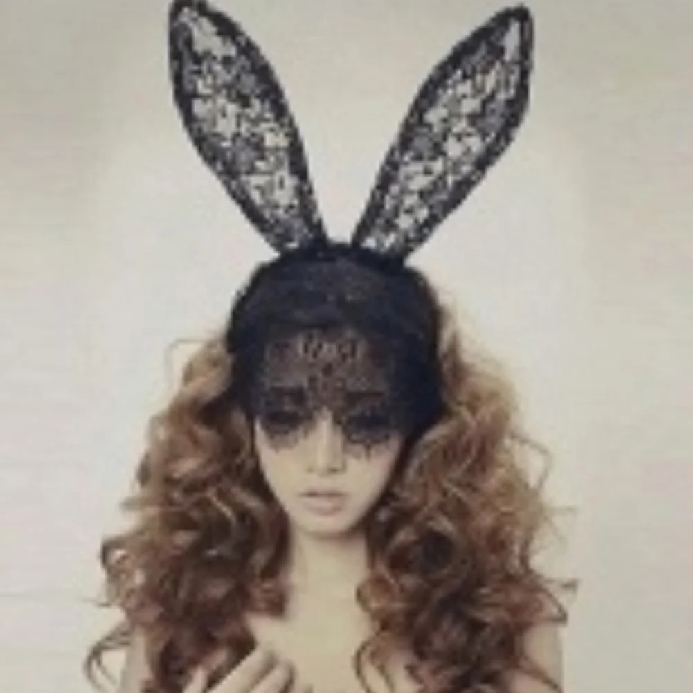 Женские резинки для волос для девочек, кружевные кроличьи уши, вуаль, черная маска на глаза для Хэллоуина вечерние головные уборы, аксессуары для волос, Кружевные маски с кроличьими ушками