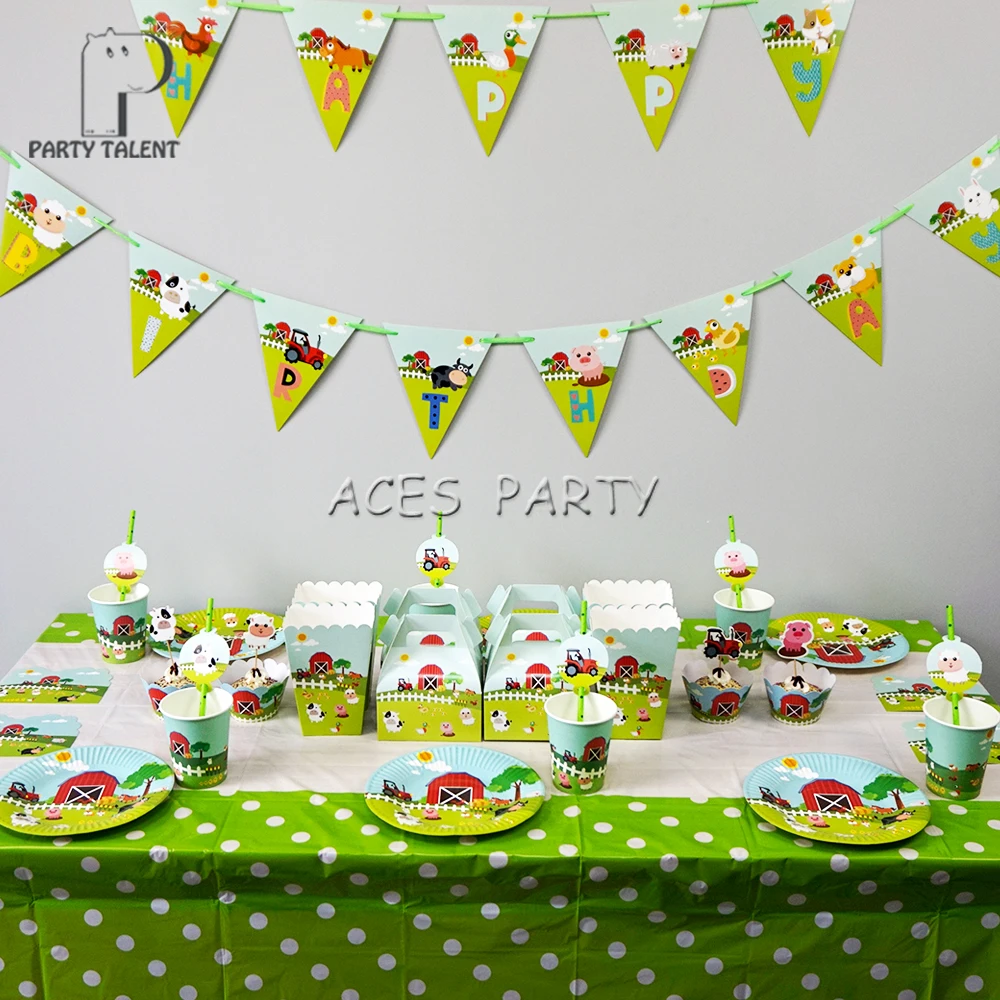 

98Pcs for 12kids Farm Animals Pig Cow theme birthday party supplie tableware set, plate+straw+glass+candybox+invitation ect