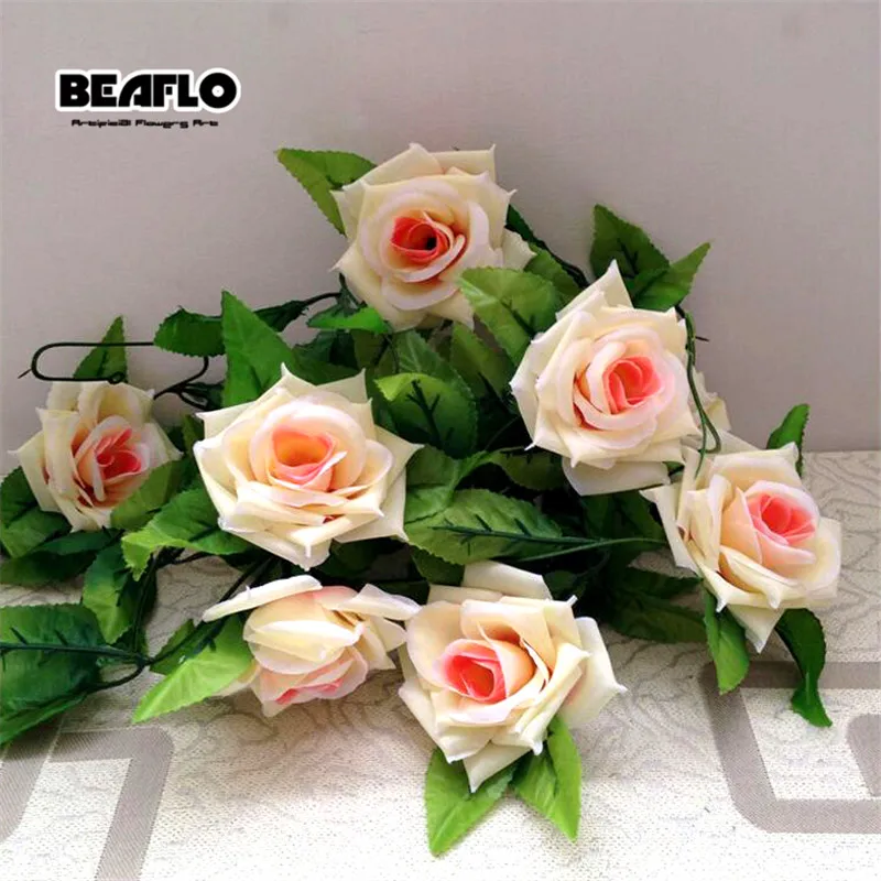 2.4m Silk Artificial Roses Flowers Rattan String Vine with Green Leaves For Home Wedding Garden Decoration Hanging Garland Wall 2.4m Silk Artificial Roses Flowers Rattan String Vine with Green Leaves For Home Wedding Garden Decoration Hanging Garland Wall