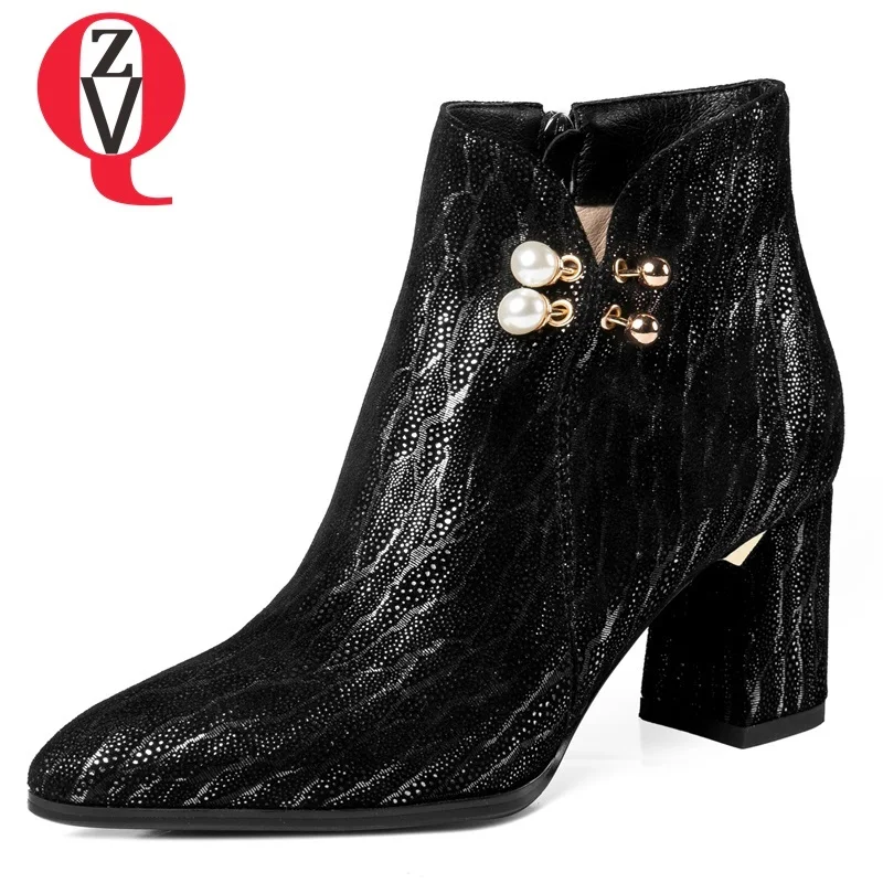 

ZVQ women shoes 2018 new fashion pointed toe mixed colors sheepskin metal pearl decoration high square heel zipperr ankle boots