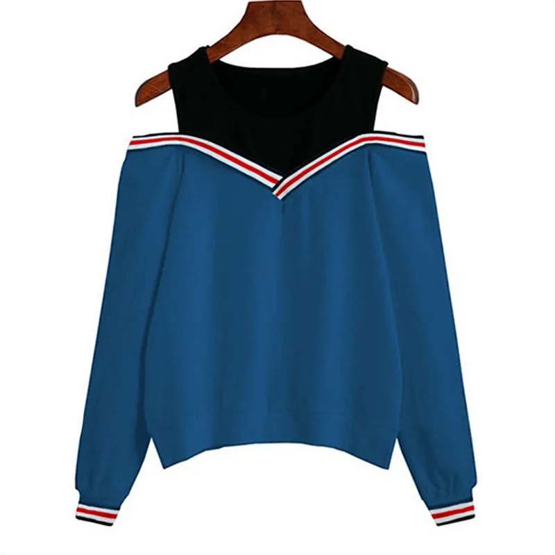  Female Jumper Sweatshirt Off Shoulder Patchwork Hoodies Top Autumn Winter Crew Neck Pullovers Track