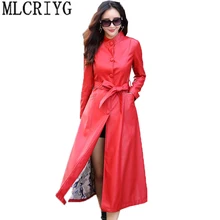 Размера плюс M-5XL новые женские осенние зимние красные Куртки из искусственной кожи длинный теплый плащ из искусственной кожи Верхняя одежда с поясом 214