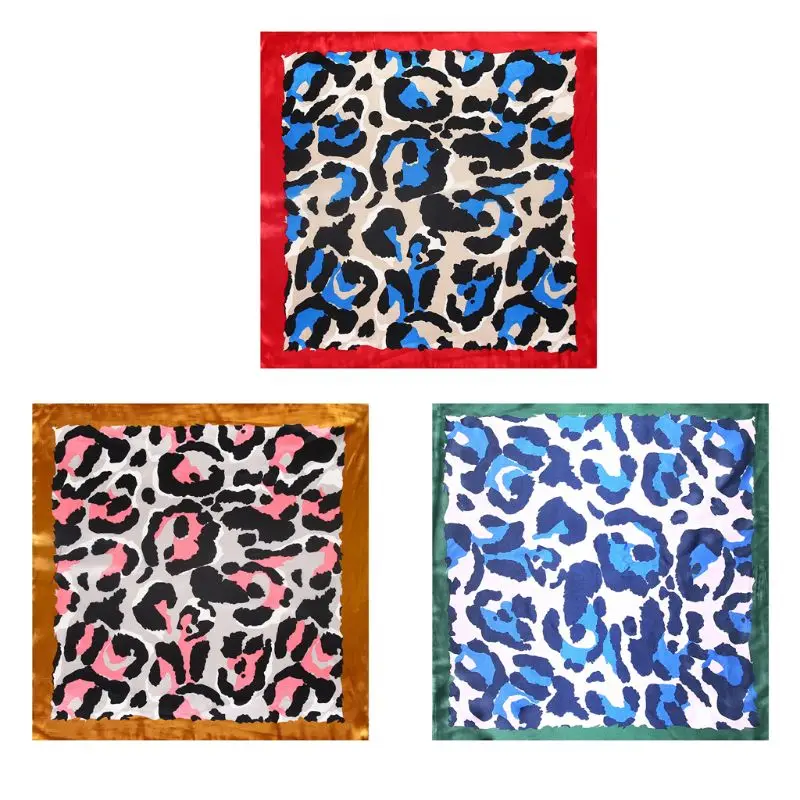

60x60cm Women Satin Square Neck Scarf Contrast Colorful Leopard Neckerchief Office Lady Ponytail Decoration Headband Bandanas
