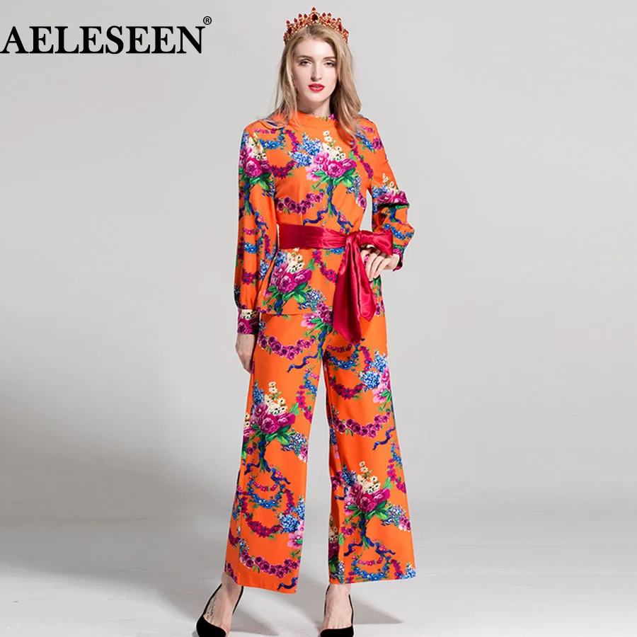 Женский винтажный брючный костюм AELESEEN модельный из двух предметов: Топ с длинным