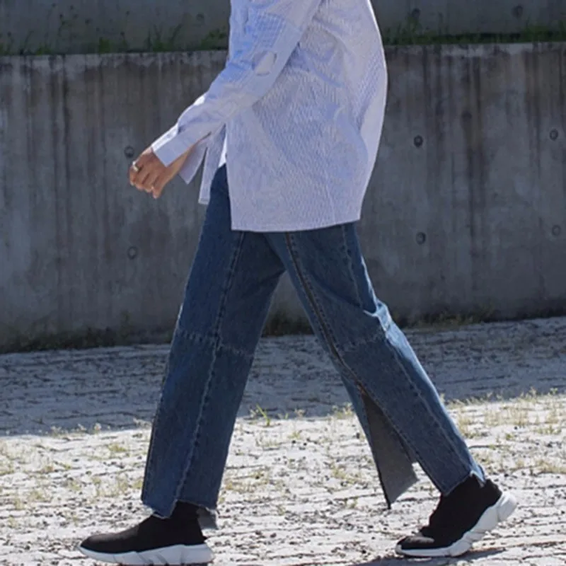 TWOTWINSTYLE джинсы на молнии для женщин Лоскутная Высокая талия Большой размер Длинные Нерегулярные брюки Женская Весенняя модная сексуальная одежда