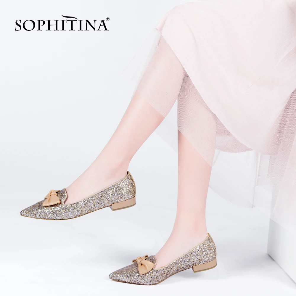 Chaussures Base Partie Glitter Mode golden Appartements P105 silver noeud Femme Black Dame Cuir Slip Fille Sophitina Bout on Pointu De Papillon Bling En Lj4R5A3