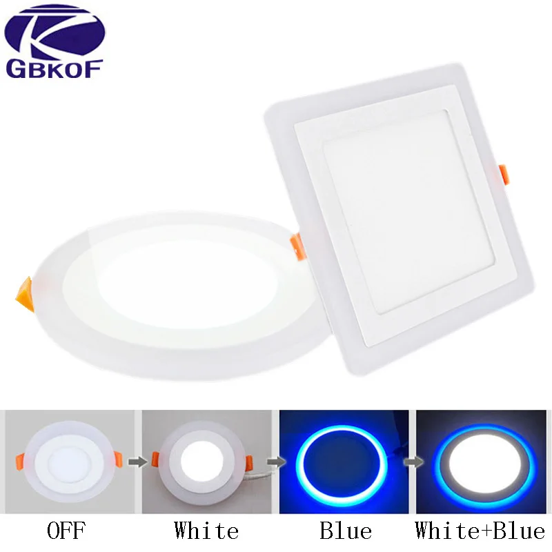 

GBKOF 6W 9W 16W 24W led Ceiling Recessed panel Light Panel lamp decoration round square Led Panel Downlight Blue+White 2 color