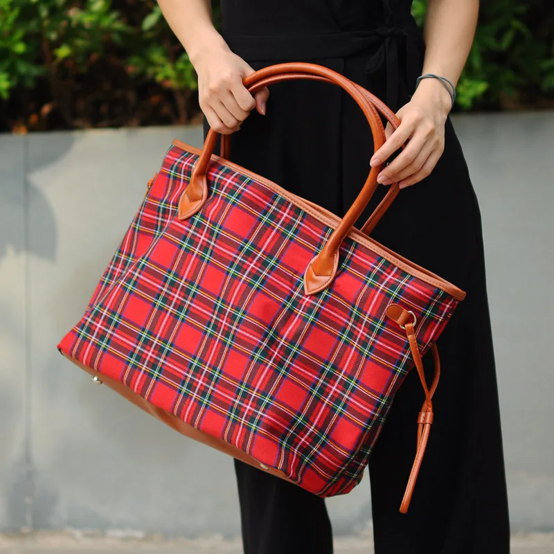 red and black plaid purse