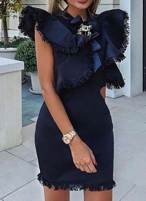 JillPeri женское мини-платье с оборками и кисточками, украшенное кристаллами и бантом на шее, элегантное Дамское Платье для подиума, уличная одежда, наряд для офиса, вечерние платья для леди - Цвет: Black