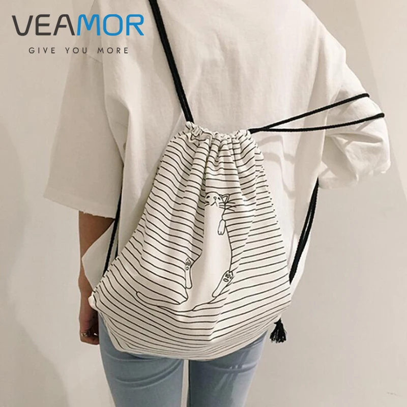 VEAMOR Women Canvas Drawstring Backpack Cute Checked Cat Students