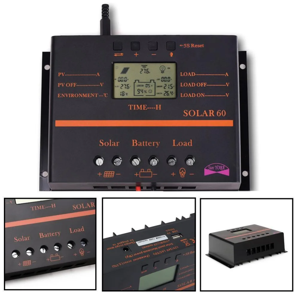 

SunYOBA 60A 12V 24V LCD Solar Regulator Charge Controller & USB + 16ft Cable