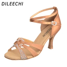 Бренд dileechi черные атласные Стразы Бронзовые Туфли для латинских танцев женская обувь для взрослых на высоком каблуке Женская обувь для квадратных танцев