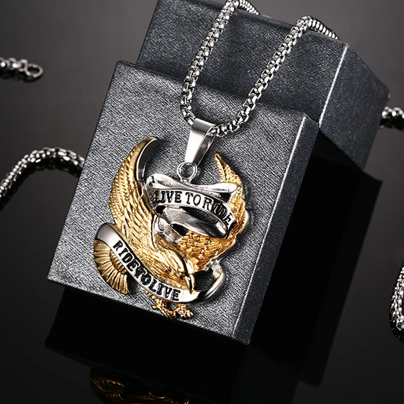 Qevila New Fashion Necklaces Punk Stainless Steel Gold Eagle Pendant Necklaces Silver Link Chian Necklace Men Women Jewelry Gift (10)